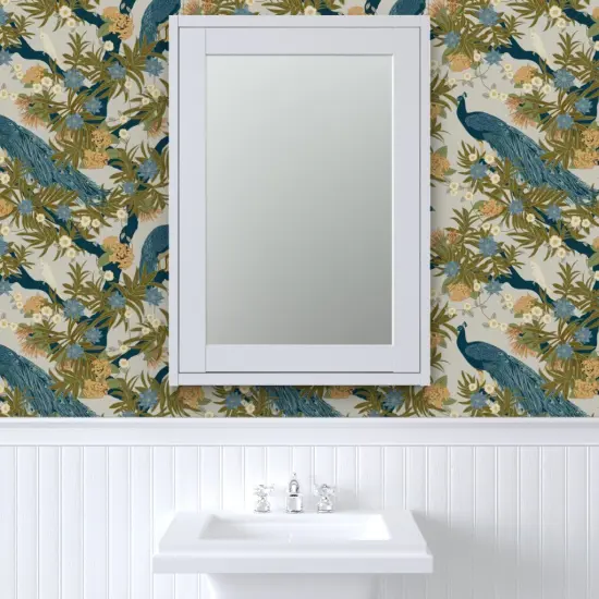 Pre-Pasted Wallpaper 2FT Wide Exotic Peacock Floral Cockatiel Tropical Botanical Tree Maximalist Large Scale Birds Custom Pre-pasted Wallpaper by Spoonflower {6}