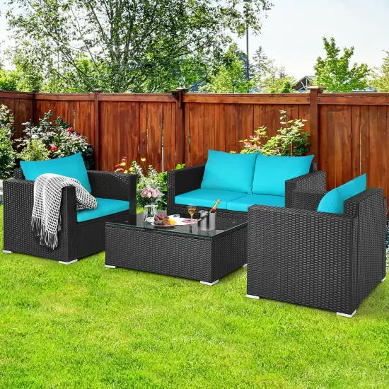 4Pcs Patio Rattan Cushioned Furniture Set Turquoise {6}