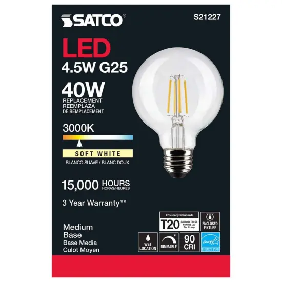 6Pk - Satco 4.5w G25 Globe Filament LED 3000K Medium Base Dimmable - 40w equiv Warm White {6}
