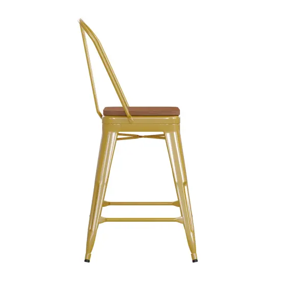 Emma and Oliver Kam Metal Indoor-Outdoor Stool with Removable Back and All-Weather Polystyrene Seat Yellow/Teak {5}
