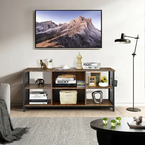 Industrial TV Stand with Storage Basket for TVs up to 65 Inches-Rustic Brown {2}