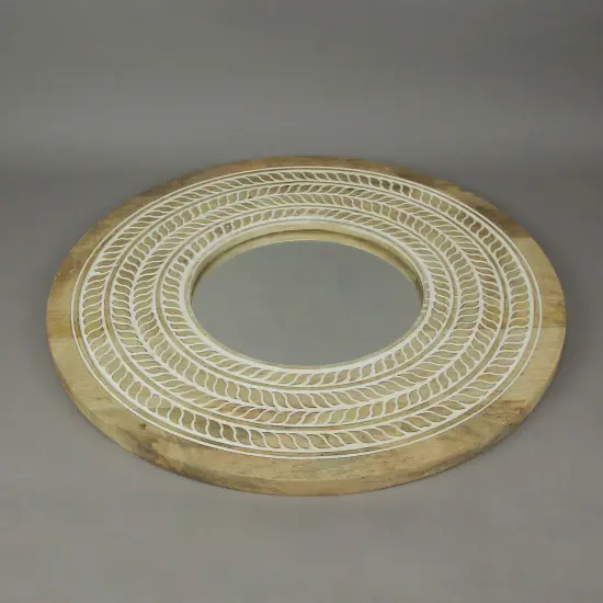 Carved Wooden Frame Round Wall Mirror 23.5 Inch Diameter Hand Painted Accents {6}