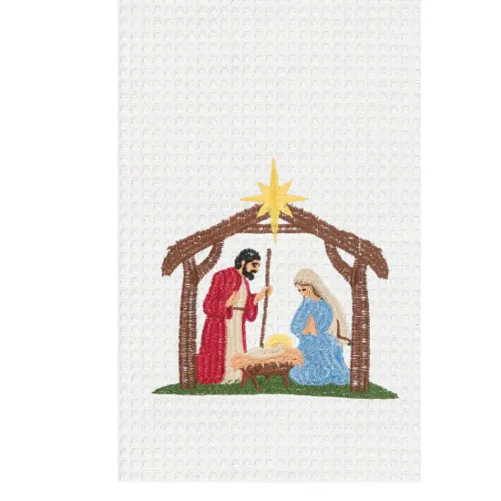 Nativity Scene Embroidered Cotton Waffle Weave Kitchen Dishtowel {3}