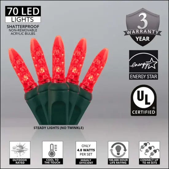 70 Red M5 LED Lights, Green Wire, 4" Spacing {3}