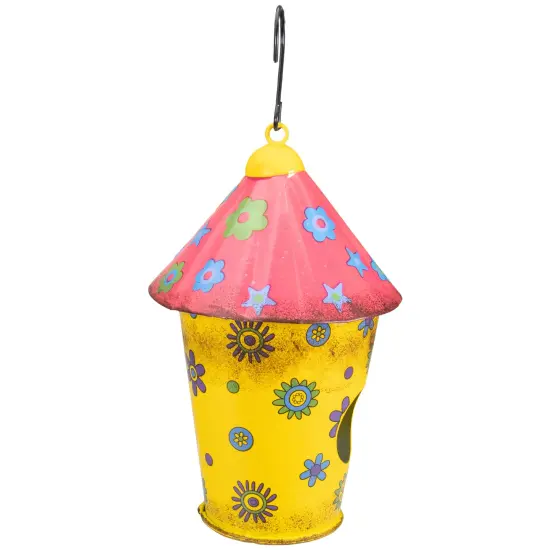 Northlight 7.75" Red and Yellow Metal Birdhouse with Flowers {5}