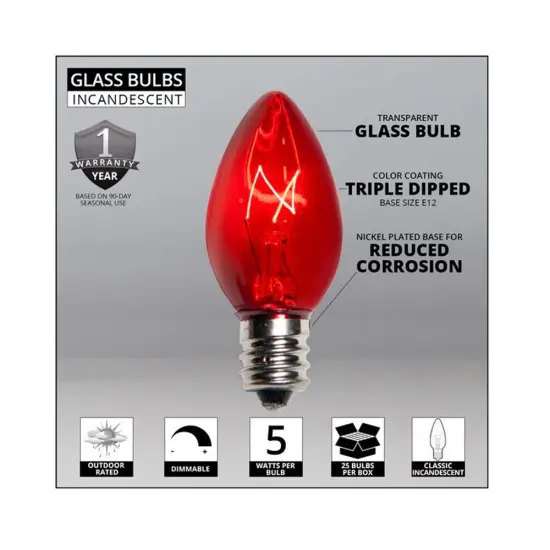25Pk - Wintergreen 5W C7 Red Triple Dipped Transparent Incandescent Bulbs {2}