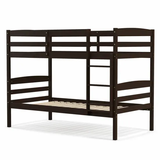 Twin Over Twin Bunk Bed, Solid Wood, Detachable and Safe Design Espresso {1}
