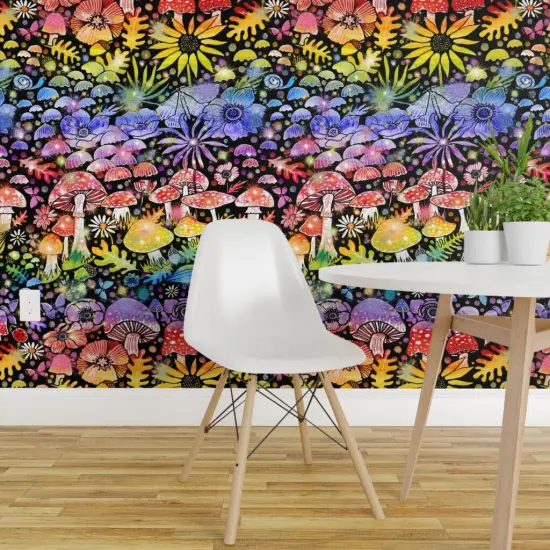 Pre-Pasted Wallpaper 2FT Wide Rainbow Mushrooms Colorful Sunflower Anemone Botanical Woodland Red Blue Custom Pre-pasted Wallpaper by Spoonflower {1}