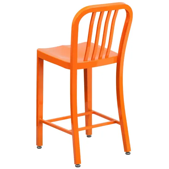 Merrick Lane Santorini Galvanized Steel Indoor/Outdoor Counter Bar Stool With Slatted Back And Powder Coated Finish Orange {4}