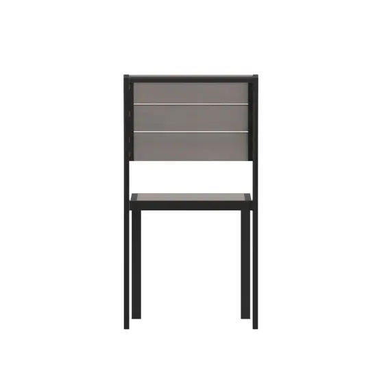 Emma and Oliver Fena Outdoor Stacking Side Chair with Faux Teak Poly Slat Seat, Back and Arms and Metal Frame Gray {4}
