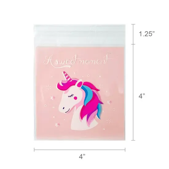 Wrapables Transparent Self-Adhesive 4" x 4" Candy and Cookie Bags, Favor Treat Bags for Parties and Wedding (200pcs) Unicorns {4}
