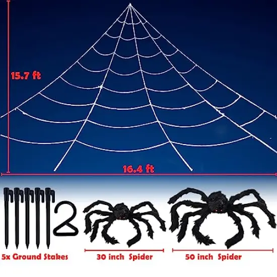 UNGLINGA Giant Spider Web Halloween Decorations Outdoor with 50inch & 30inch Large Spiders, Hanging Mega Huge Spider Web 2 Scary Fake Black Spiders for Yard Garden Outside House Indoor Decor {6}