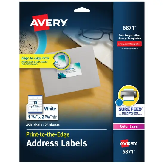 Avery Address Labels, Sure Feed Technology, Print to the Edge, Permanent Adhesive, 1-1/4" x 2-3/8", 450 Labels (6871) {1}