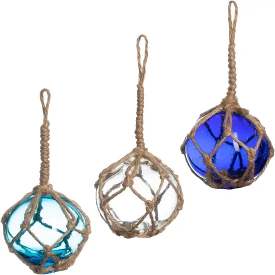 Japanese Glass Fishing Floats Ball - 3" Aqua Cobalt and White (3 Pack) - Glass Buoys With Rope {4}