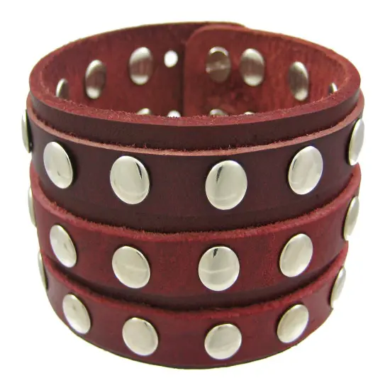 Brown Leather 3 Row Metal Studs Wristband Wrist Band {1}
