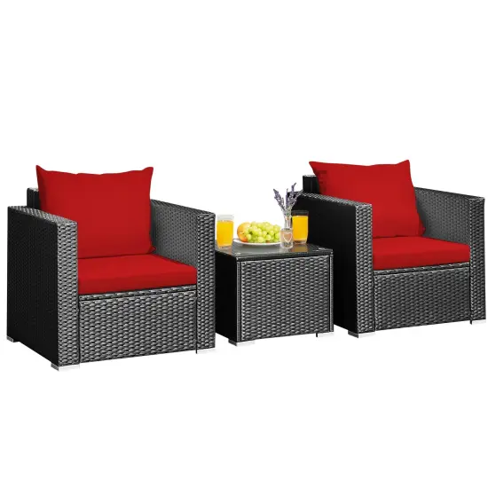 3 Pieces Patio Wicker Furniture Set with Cushion Red {4}