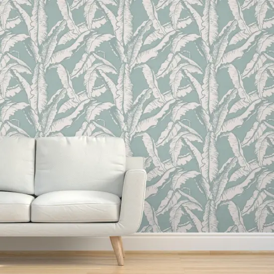 Pre-Pasted Wallpaper 2FT Wide Sage Green Minimal Tropical Flora Banana Leaf Rainforest Summer Island Custom Pre-pasted Wallpaper by Spoonflower {5}