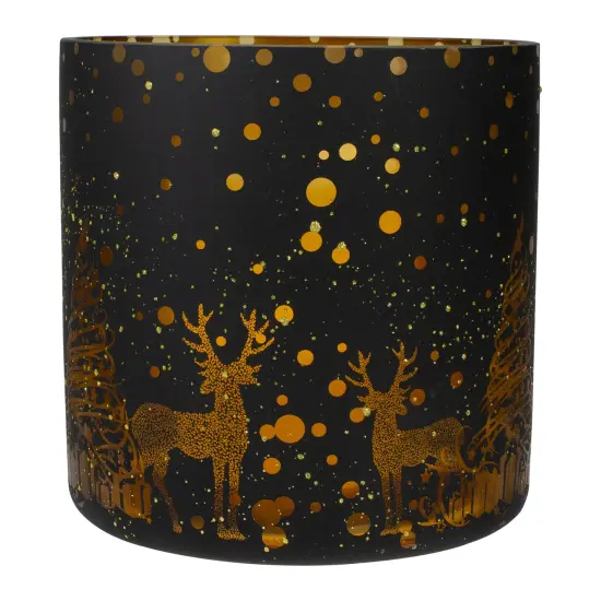 Northlight 6" Black and Gold Deer and Pine Trees Flameless Glass Candle Holder {6}