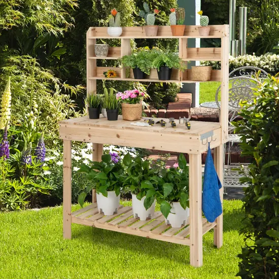 Costway Potting Bench Table Wooden Garden Work Bench Platform with Display Rack Hidden Sink {2}