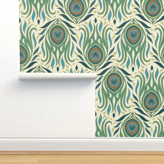 Peel & Stick Wallpaper 2FT Wide Animal Print Feathers Peacocks Birds Green Blue Custom Removable Wallpaper by Spoonflower {2}