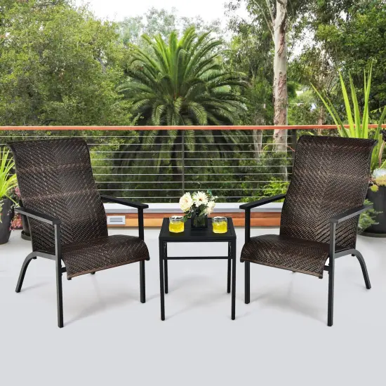 3 Pieces Patio Rattan Bistro Set with High Backrest and Armrest Brown {2}