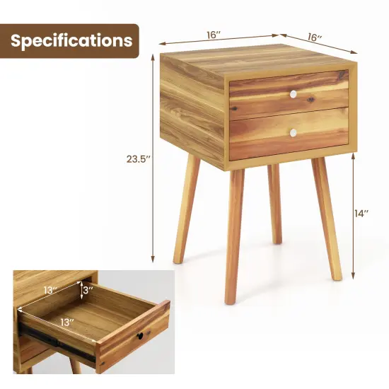 23.5 Inch Nightstand End Side Table with 2 Storage Drawers and Rubber Wood Legs Natural {6}