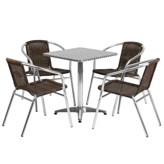 Emma and Oliver 23.5" Square Aluminum Garden Patio Table Set with 4 Rattan Chairs Beige {5}