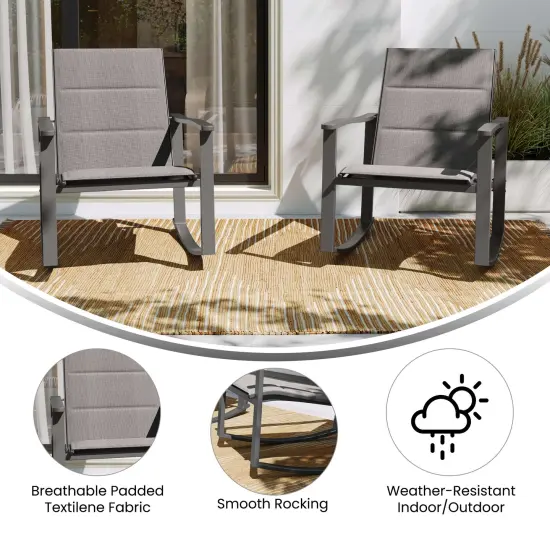 Merrick Lane Brevyn Set of 2 Flex Comfort Outdoor Rocking Chairs with Steel Frames Brown {7}