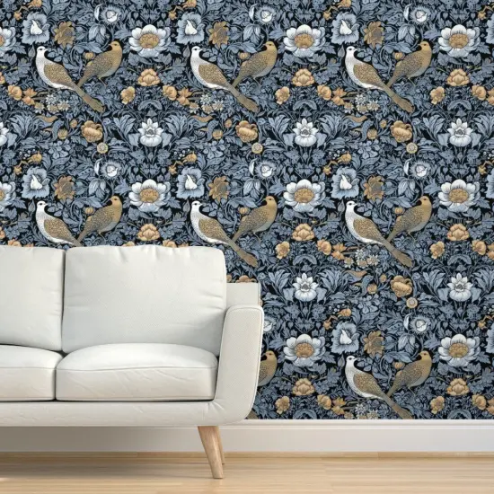 Peel & Stick Wallpaper 2FT Wide Blue Victorian Damask Art Nouveau Love Birds Floral Botanical Large Scale Baroque Nature Doves Custom Removable Wallpaper by Spoonflower {5}