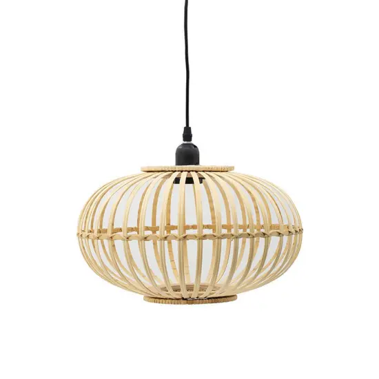 Mid-Century Modern Style Squatty Round Bamboo Wooden Pendant Lamp {1}