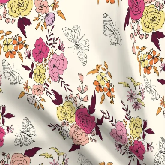 Various Fabrics by the Yard or Fat Quarter Pink Cream Yellow Butterflies Floral Orange Rose Daisy Crimson Sketchbook Hand Drawn Large Scale Botanical Kitsch Custom Printed Fabric by Spoonflower {5}