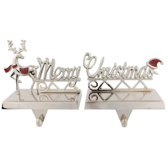 Northlight Set of 2 Silver Reindeer Merry Christmas Metal Stocking Holders 5.5" {1}