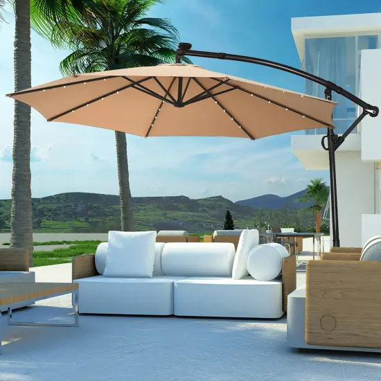 Costway 10FT Patio Umbrella Solar Powered LED 360degrees Rotation Beige {1}