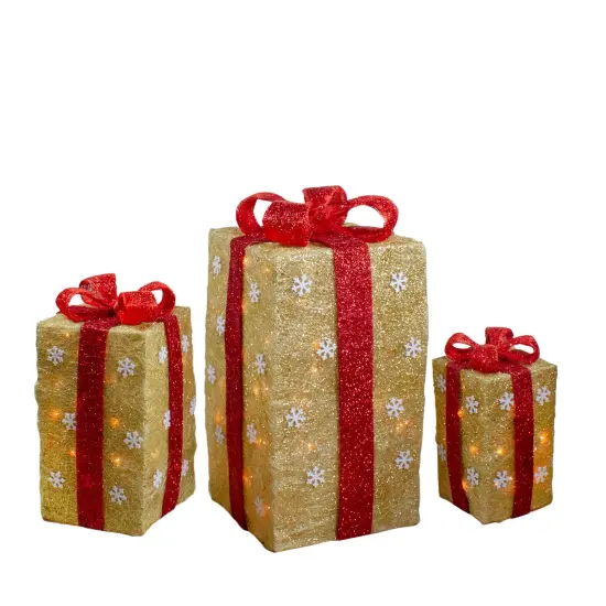 Northlight Set of 3 Lighted Tall Gold Gift Boxes with Red Bows Christmas Outdoor Decorations 18" {1}