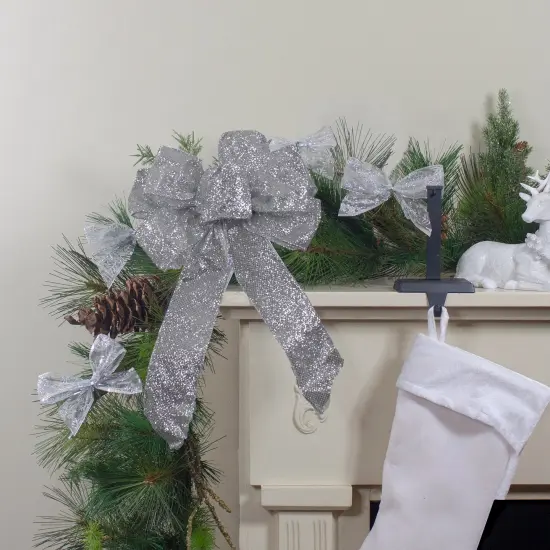 Northlight Glittered 6-Loop Christmas Bow Decoration - 9" x 14" - Silver {3}