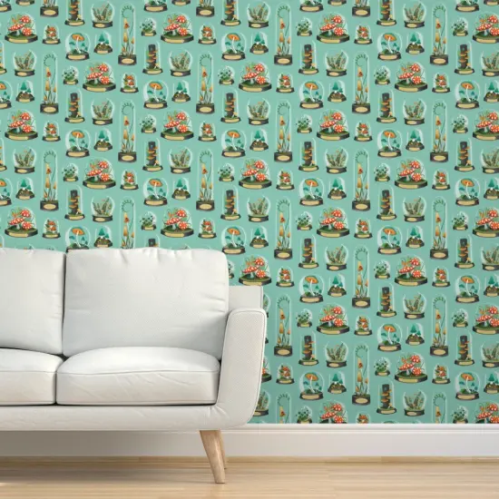 Peel & Stick Wallpaper 2FT Wide Whimsical Nature Small Scale Toadstool Forest Forage Plants Greenhouse Blue Green Custom Removable Wallpaper by Spoonflower {5}