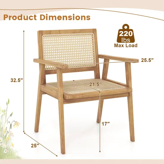 Costway 1/2 PCS Wood Chair Indonesia Teak Wood Armchair with Natural Rattan Seat & Back Patio Chair for Porch {3}