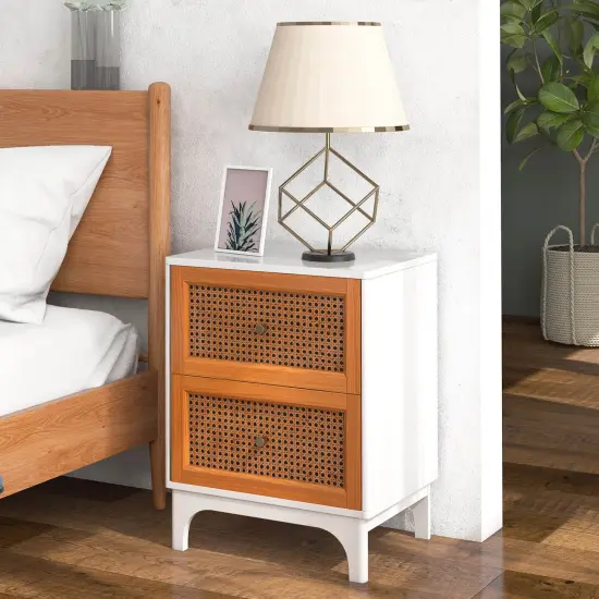 Costway 1/2 PCS Rattan Nightstand with Storage Wood End Sofa Side Table with 2 drawers Wood Legs {4}