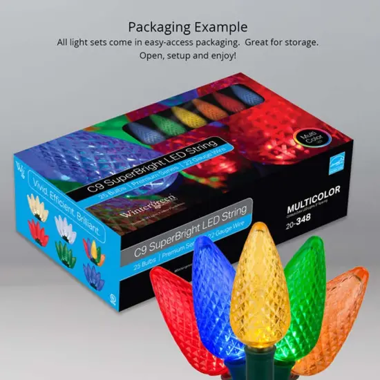 25 Multicolor C9 LED Christmas Lights, Green Wire, 8" Spacing Multi-Color {6}