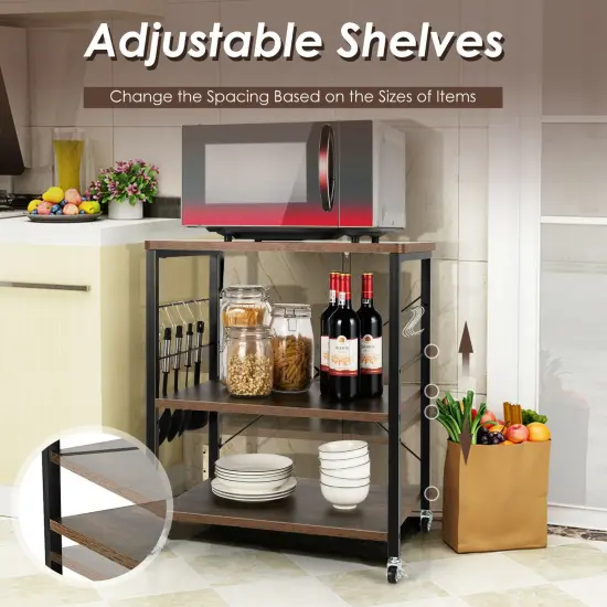 3-Tier Kitchen Baker's Rack Microwave Oven Storage Cart with Hooks Rustic Brown {3}