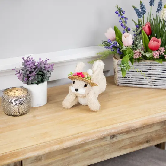 Northlight Rabbit with Floral Straw Hat Easter Figurine - 8.75" - Beige {4}