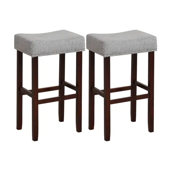2 Set of 29 Inch Height Upholstered Bar Stool with Solid Rubber Wood Legs and Footrest Grey {1}