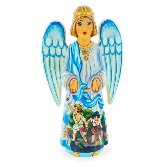 Guardian Angel over Children Ukrainian Hand Carved Solid Wood Figurine 10 Inches {1}