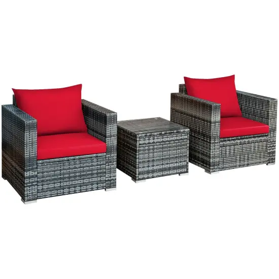 3 Pcs Patio Rattan Furniture Bistro Sofa Set with Cushioned Red {1}