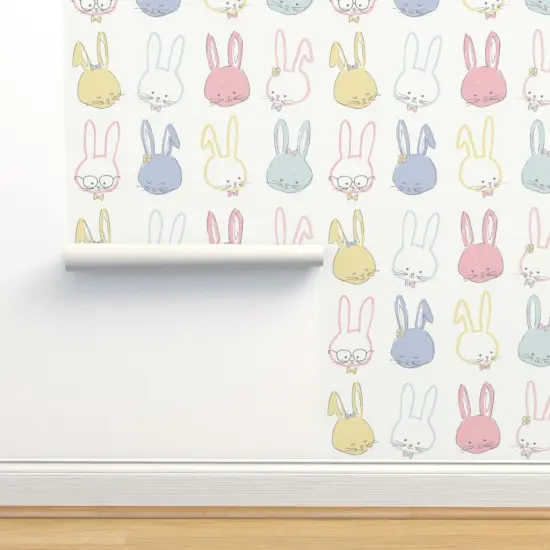 Peel & Stick Wallpaper 2FT Wide Easter Bunnies Pastel Spring Periwinkle Lilac Blue Pink Ivory Garden Hand Drawn Whimsical Rabbits Custom Removable Wallpaper by Spoonflower {2}