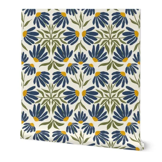 Peel & Stick Wallpaper 2FT Wide Echinacea Botanical Tile Wildflower Blue Yellow Gold Coneflowers Native Species Custom Removable Wallpaper by Spoonflower {7}