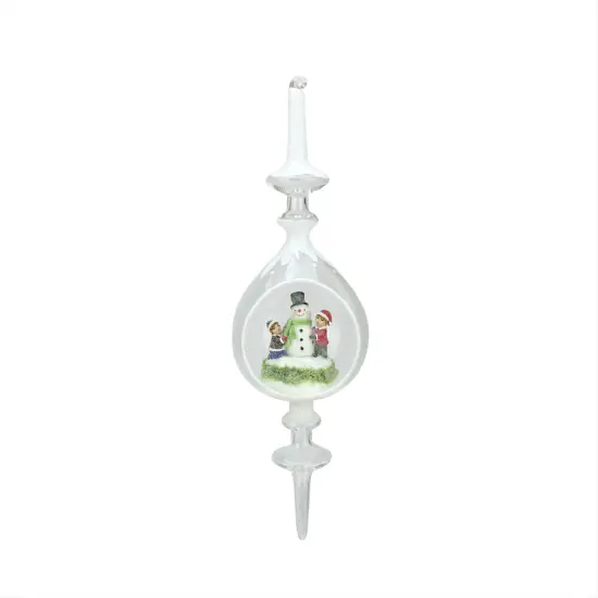 Roman 12.5" Winter Scene with Children Building Snowman Inside of Glass Christmas Pendant Finial Ornament White {1}