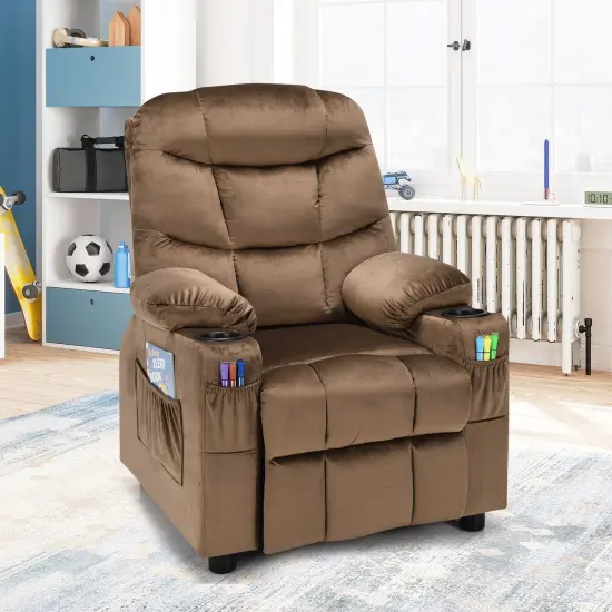 Kids Recliner Chair with Cup Holders Suitable for Children's Room, Living Room and Bedroom Light Brown {6}