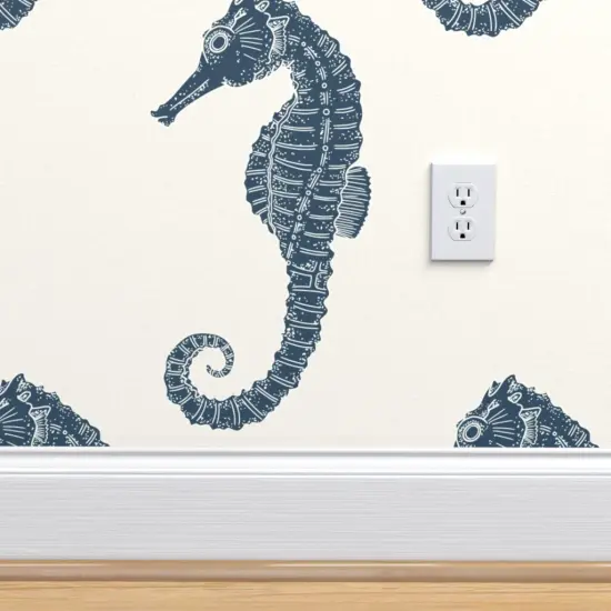 Pre-Pasted Wallpaper 2FT Wide Coastal Seahorse Beach Sealife Sea Ocean Nautical Blue Cream Maritime Xl Scale Custom Pre-pasted Wallpaper by Spoonflower {4}