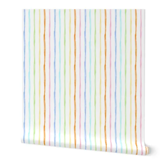 Peel & Stick Wallpaper 2FT Wide Rainbow Stripes Pastel Modern Abstract Colorful Lines Soft Watercolor Custom Removable Wallpaper by Spoonflower {7}